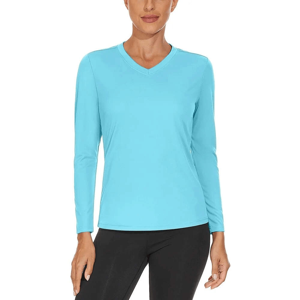Women's sun-protective sports top with long sleeves in blue, featuring UPF 50+ anti-UV protection and breathable, quick-drying polyester.
